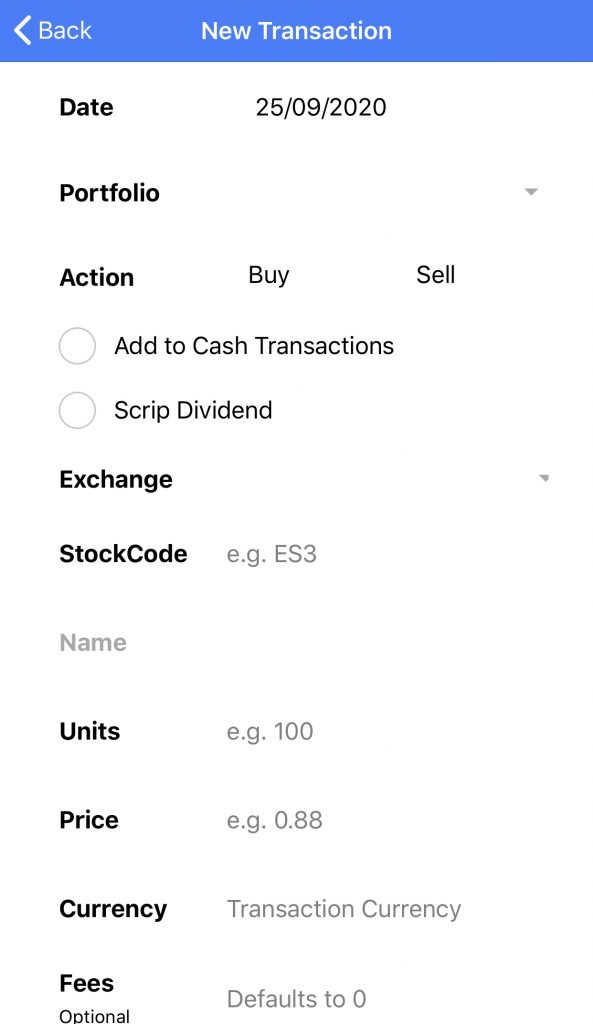 StocksCafe App Add Transaction