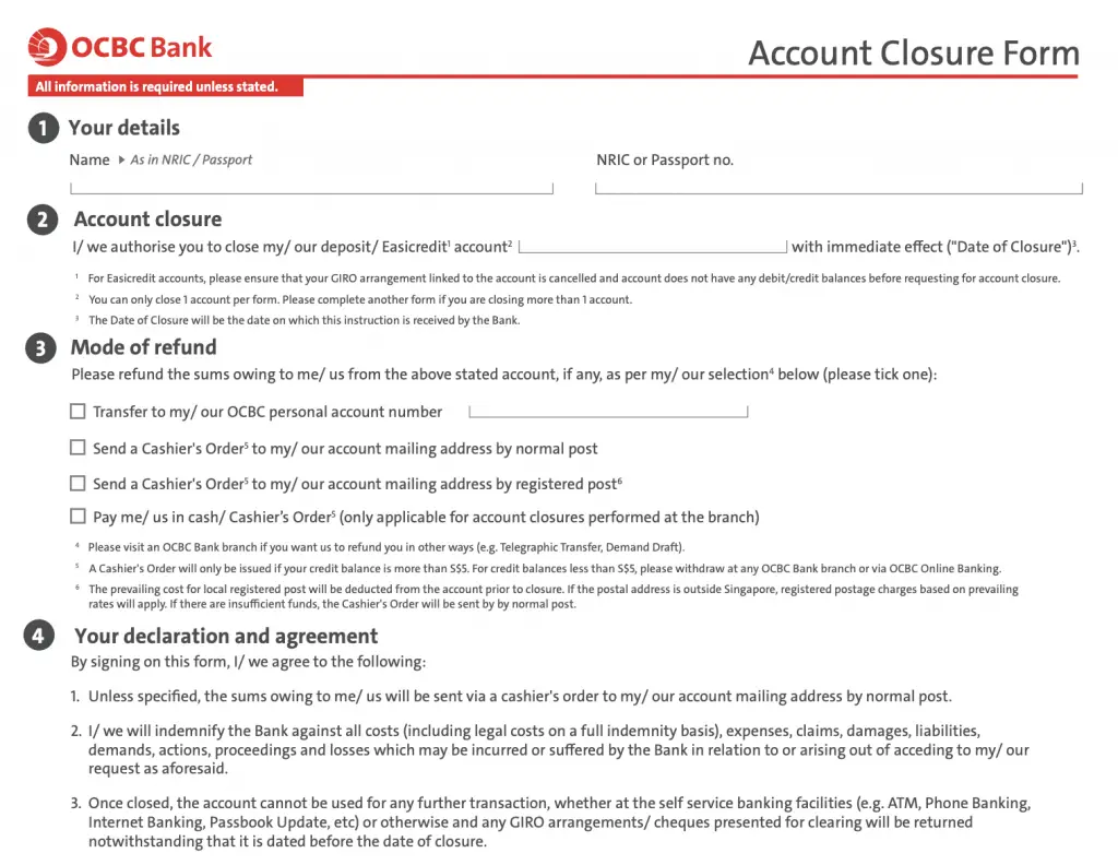OCBC Account Closure Form