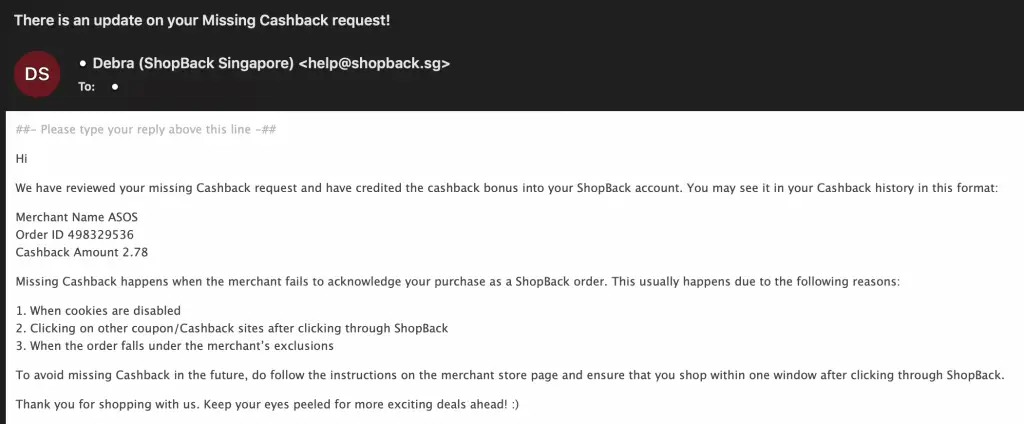 ShopBack Missing Cashback Successful