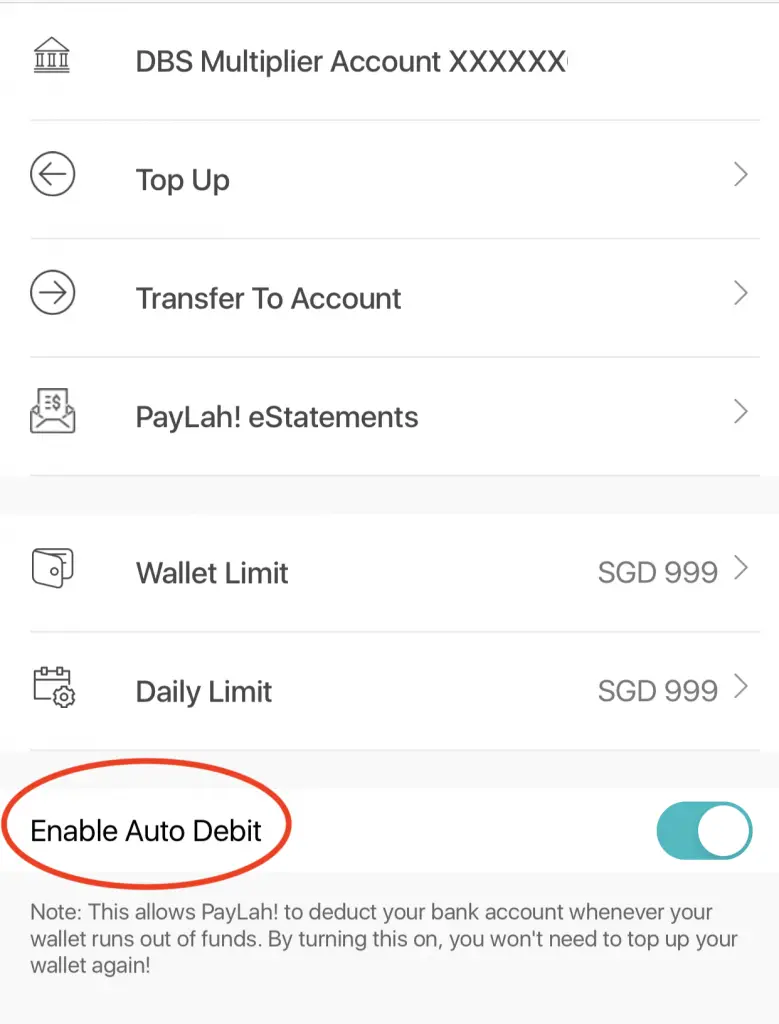 DBS PayLah Enable Auto Debit