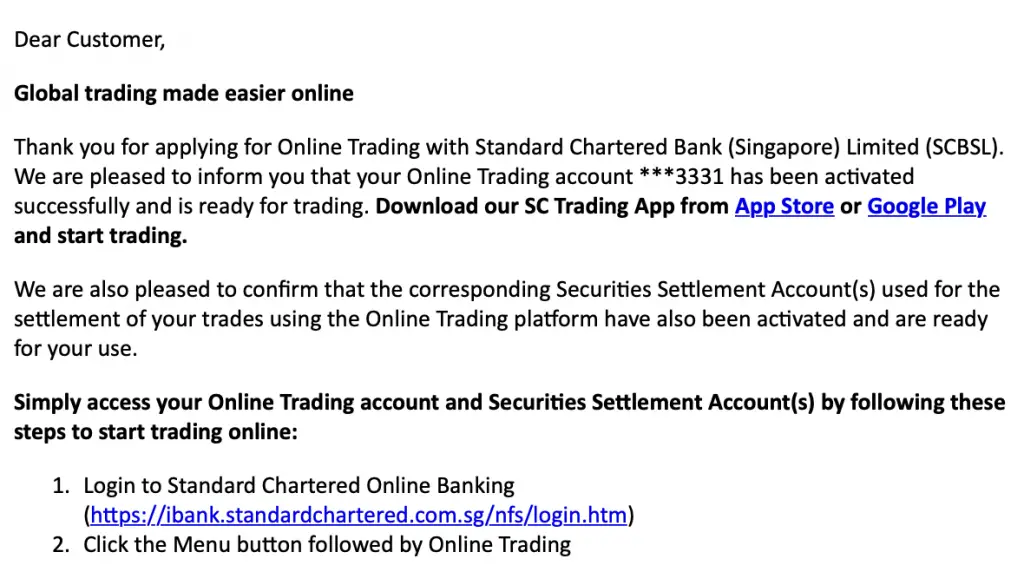 Standard Chartered Online Trading Confirmation Email