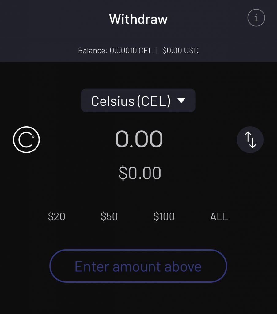 Celsius Select Amount of CEL to Withdraw