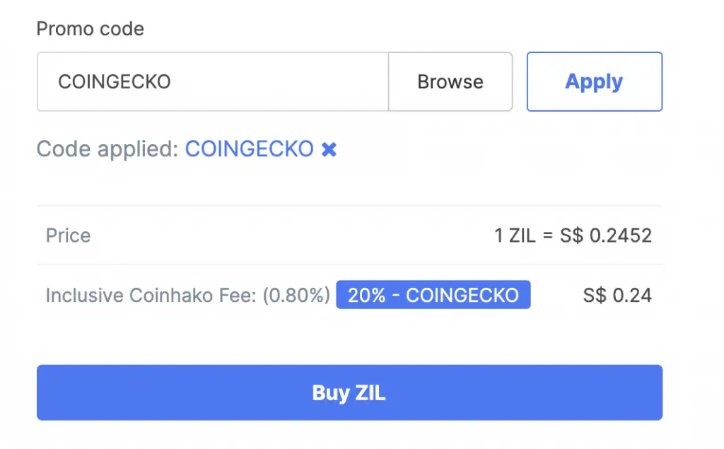 Coinhako ZIL COINGECKO Trading Fee