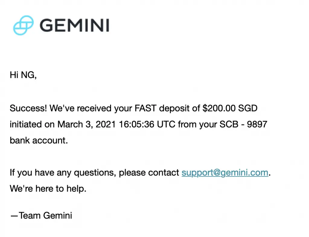 Gemini Received Deposit