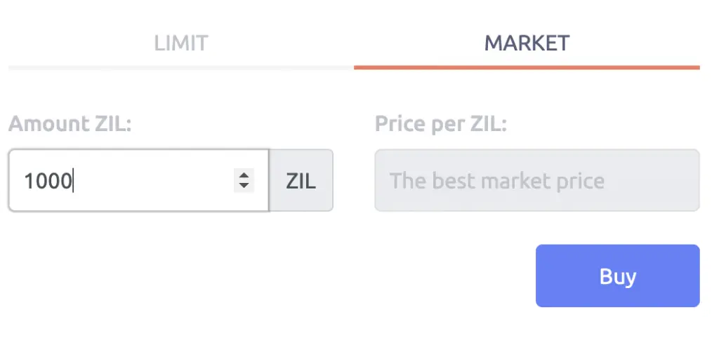 Tokenize Buy ZIL Market Order