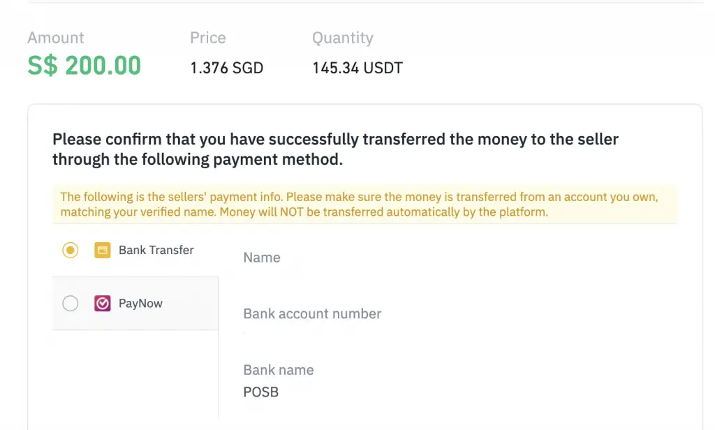 Binance P2P Singapore Bank Transfer Method