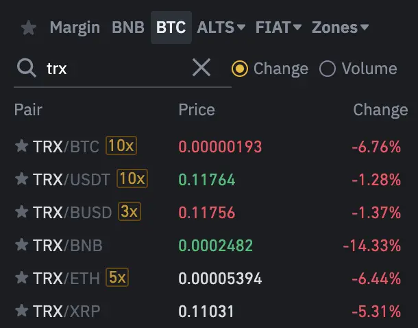 Binance TRX Trading Pairs