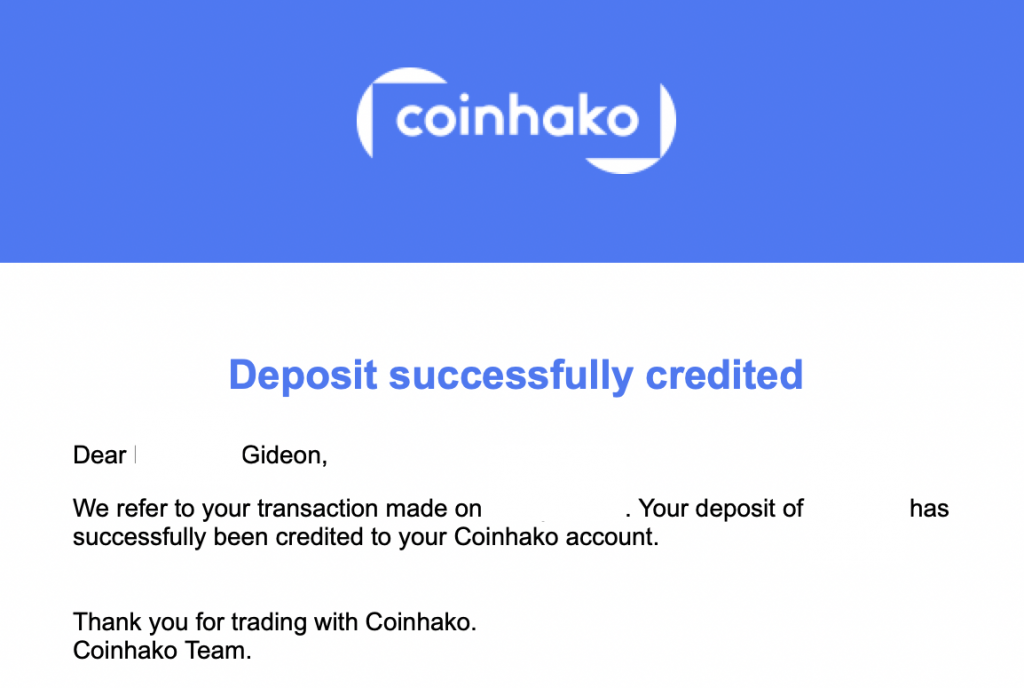 Coinhako Successful Deposit Notification