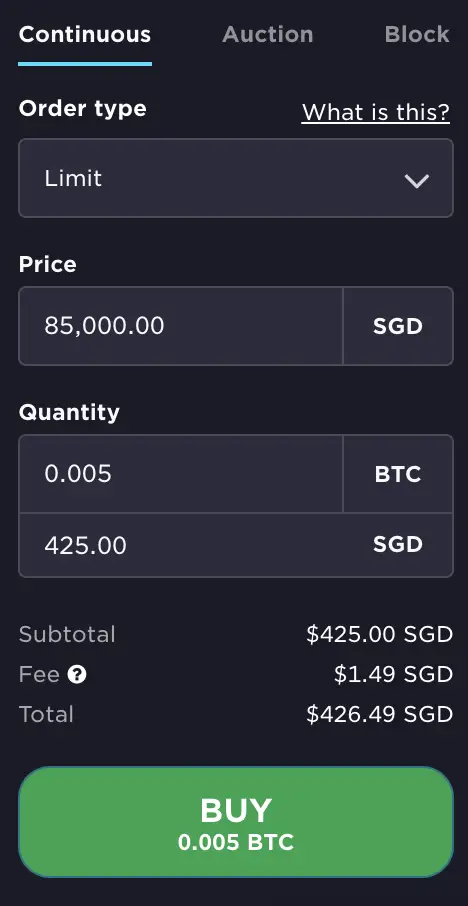 Gemini Active Trader Buy BTC From SGD