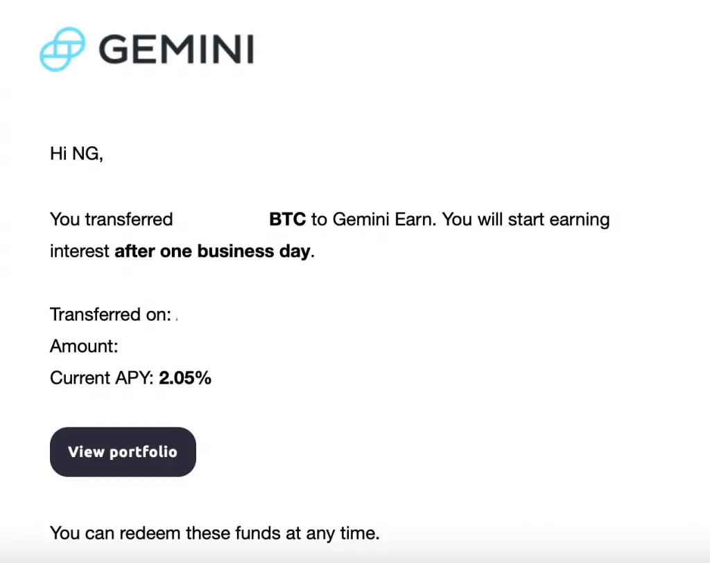 Gemini Earn Successful Transaction 1