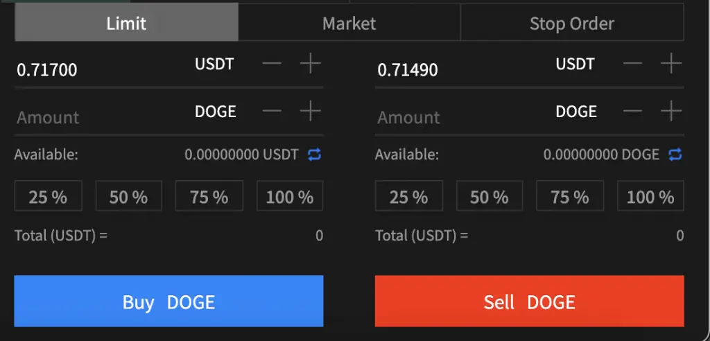 AAX Buy DOGE from USDT Enter Details