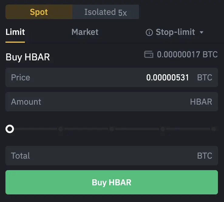 Binance buy HBAR From BTC