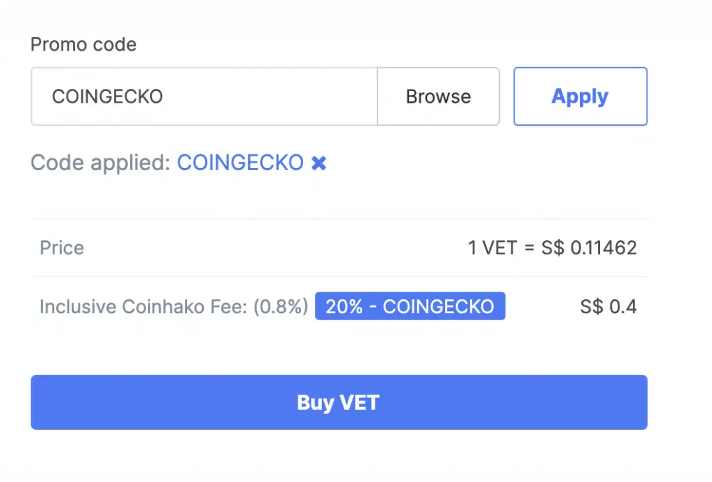 Coinhako Buy VET Fee COINGECKO Promo