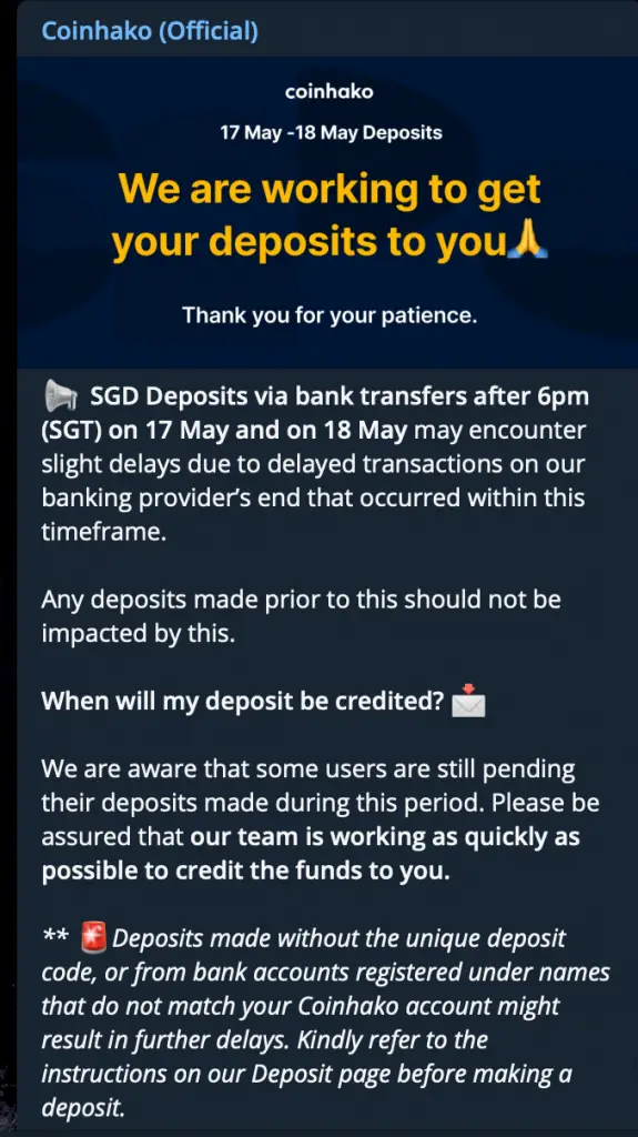 Coinhako Deposit Processed Being Delayed