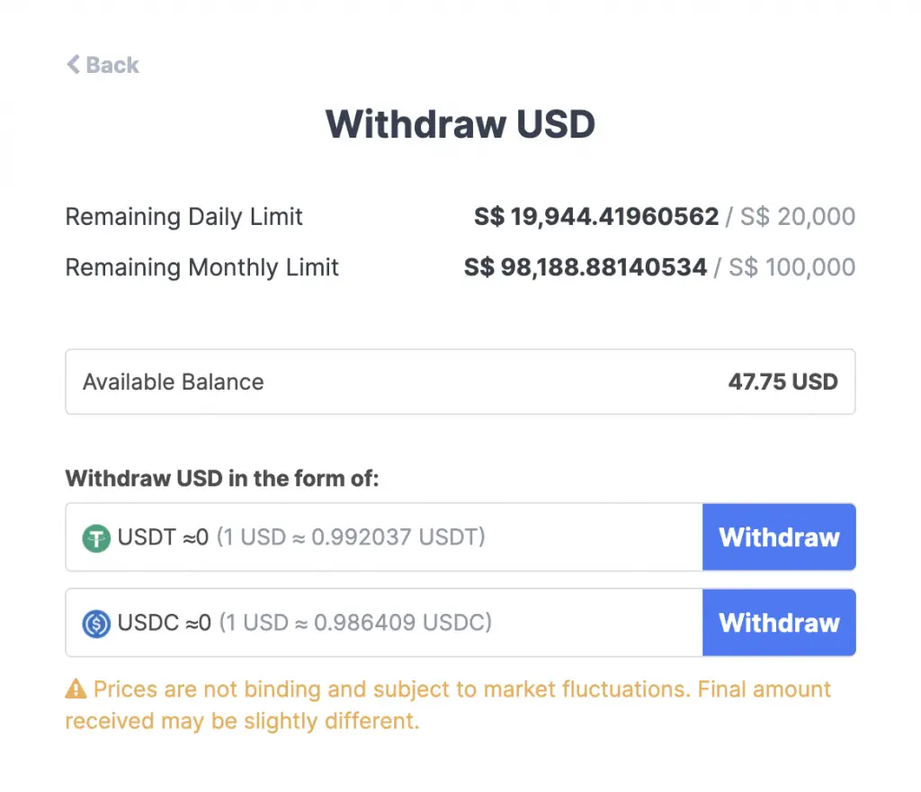 Coinhako Withdraw USD For USDC Or USDT
