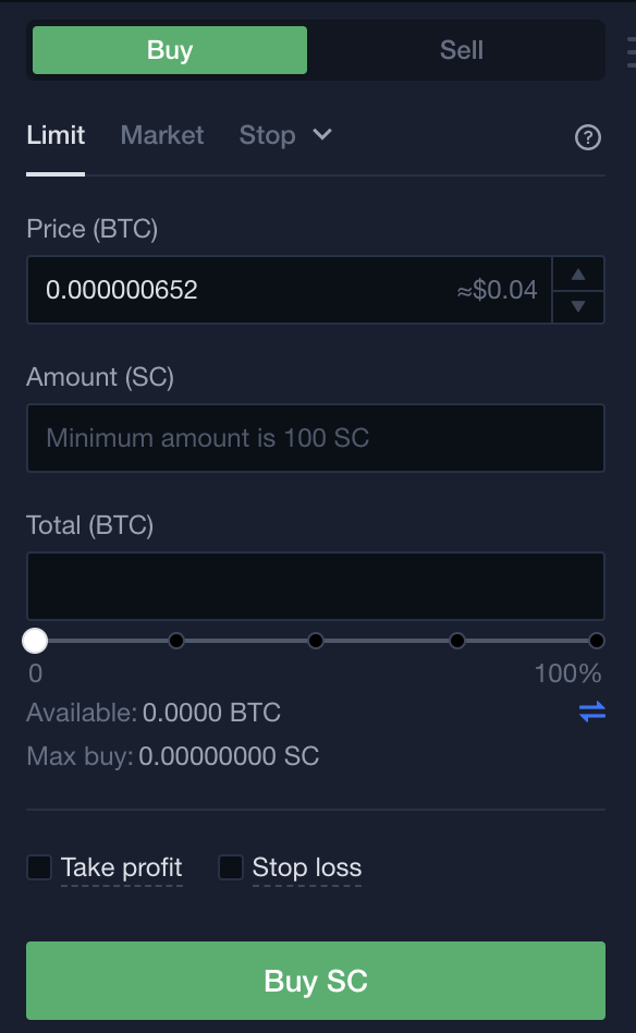 OKEx Buy Siacoin From BTC