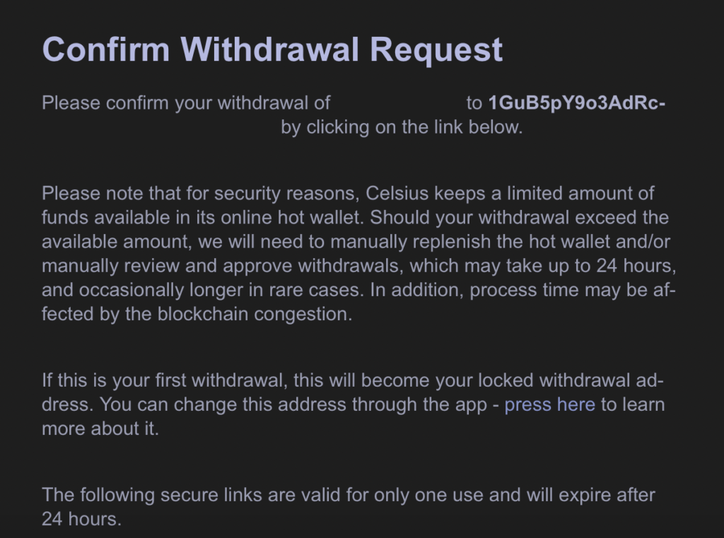 Celsius Withdrawal Verification Email