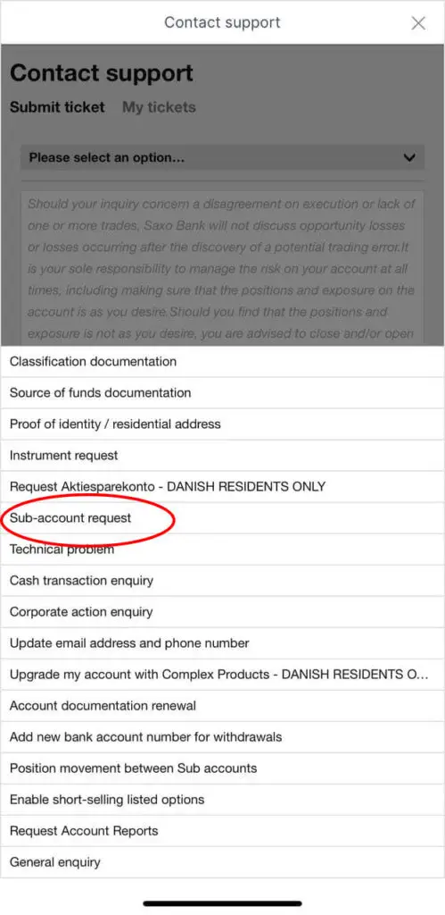 saxo investor app sub account request select