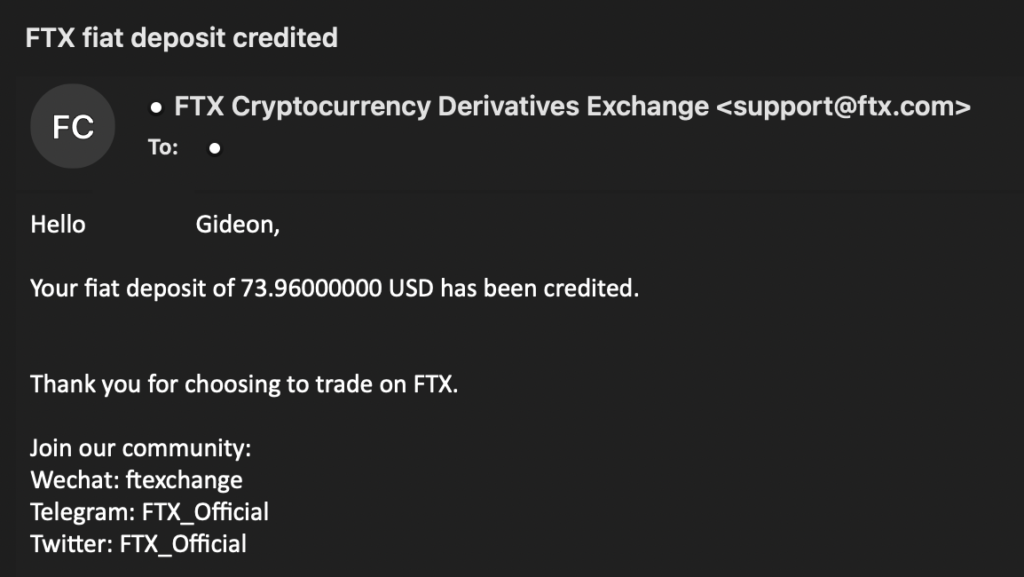 FTX Confirmation Deposit