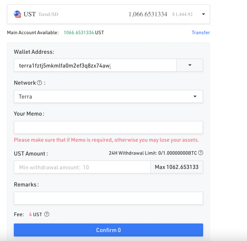 KuCoin UST Withdrawal Details