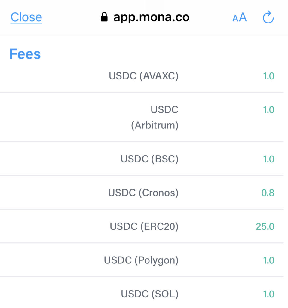 Crypto.com App USDC Withdrawal Fees