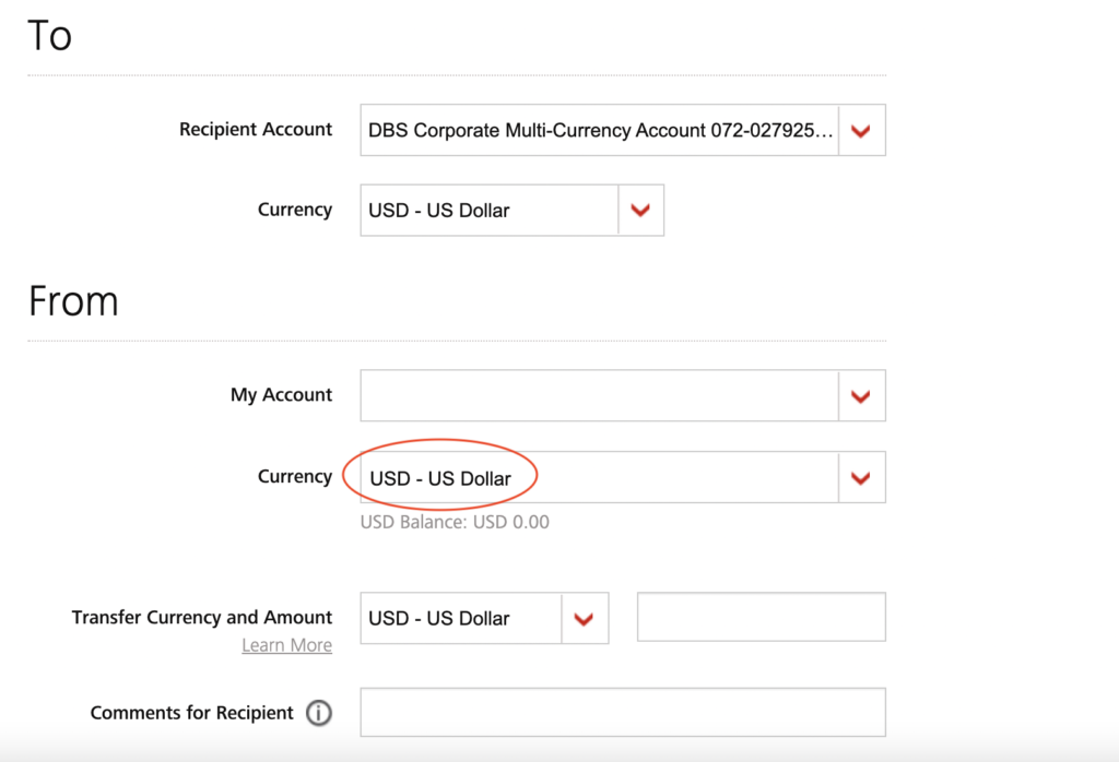 DBS iBanking Select USD As Currency