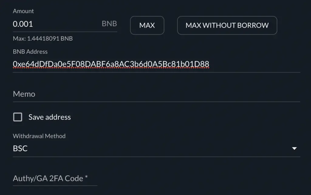 FTX Withdraw BNB Details