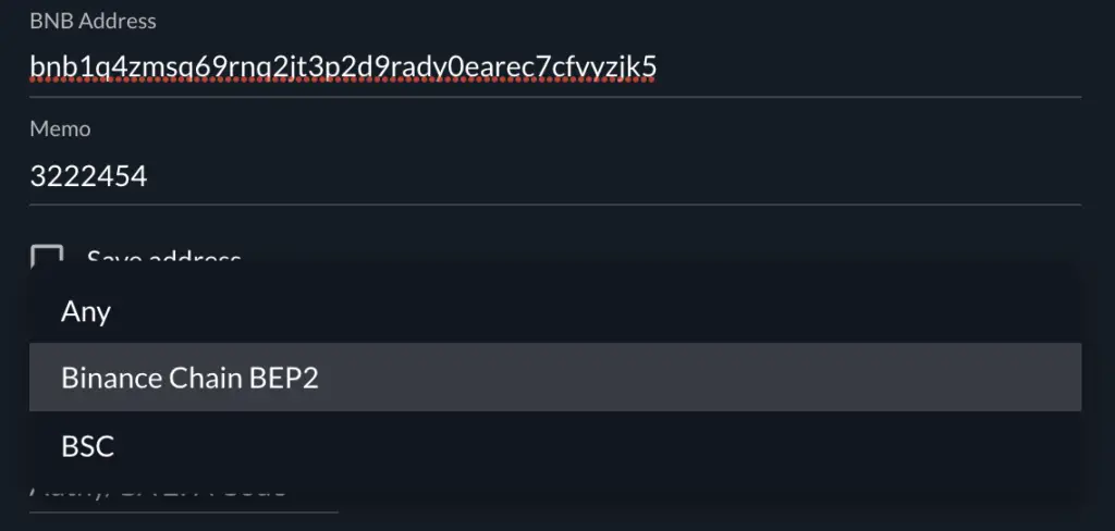 FTX Withdraw BNB Network Types