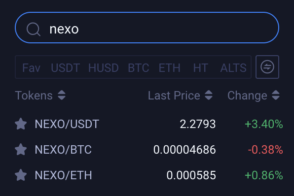 Huobi Select NEXO Trading Pair