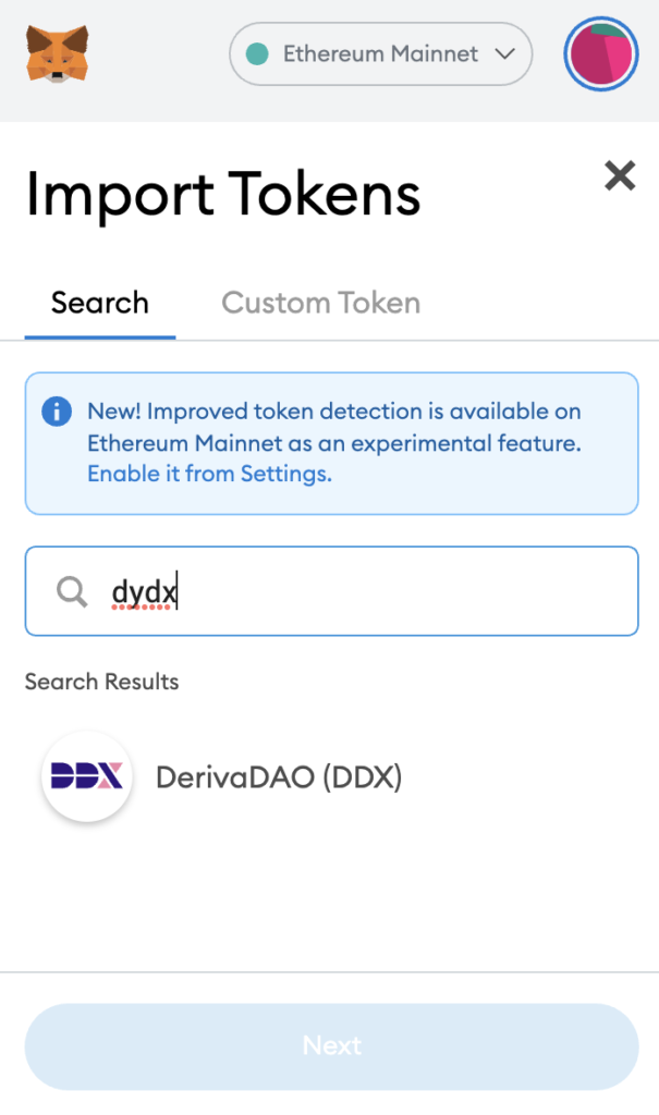 Metamask Add DYDX Search Cannot 2