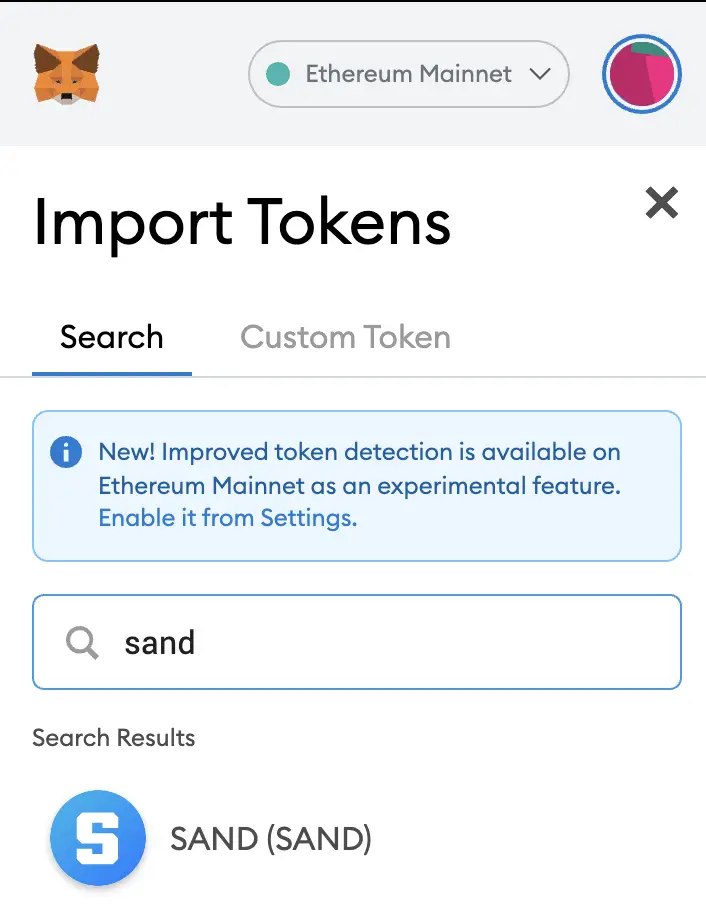 Metamask Search For SAND