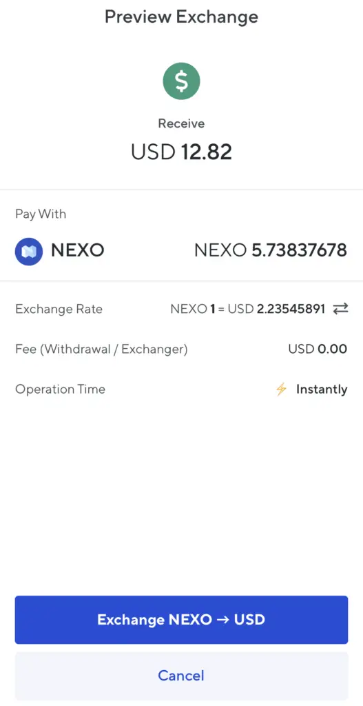 Nexo Confirm Sell To USD