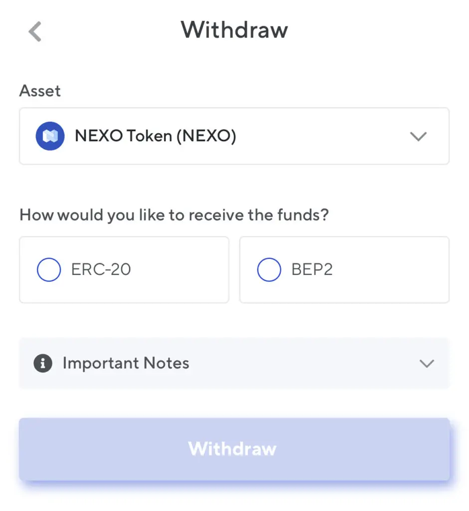 Nexo Select NEXO Withdrawal Network