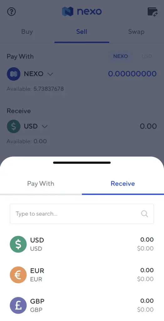 Nexo Select Sell Currency