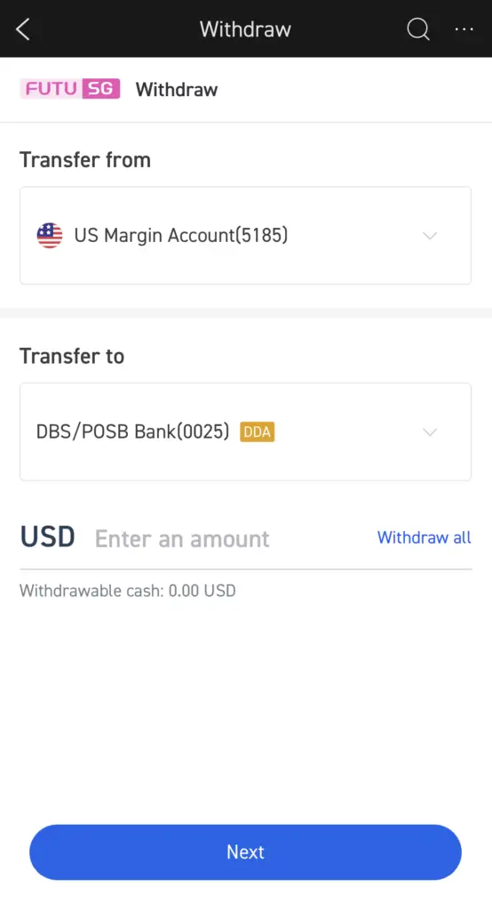 moomoo Select Amount And Destination USD Withdraw