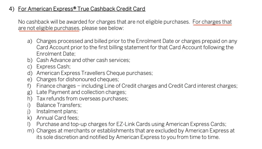 Amex True Cashback card Exclusion List