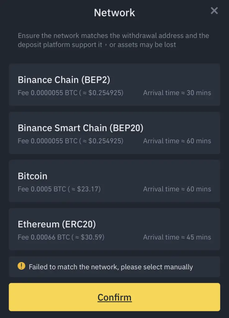 Binance BTC Supported Networks