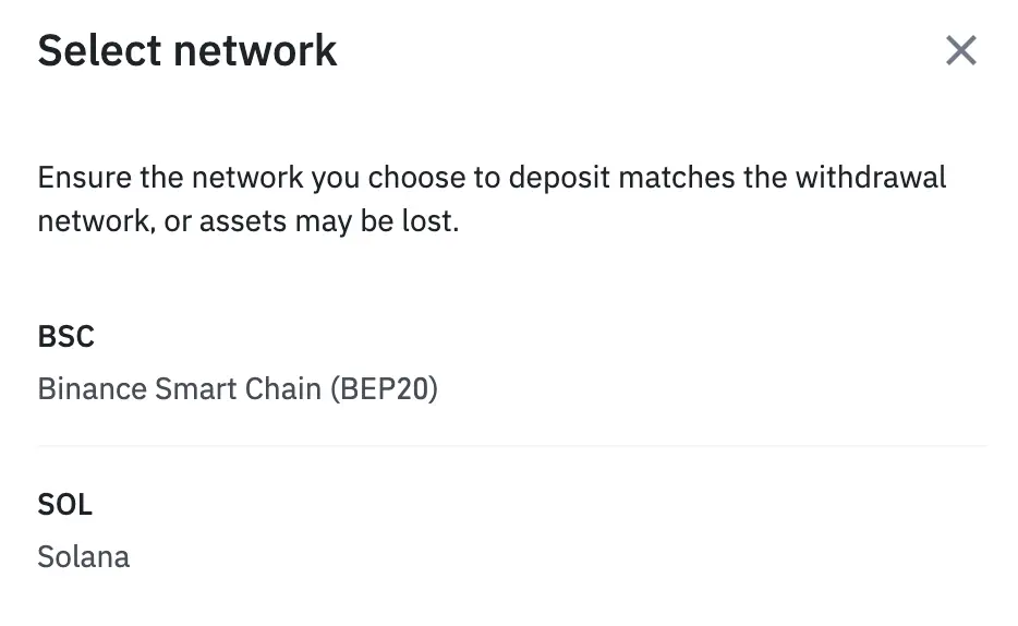 Binance Deposit SOL Networks