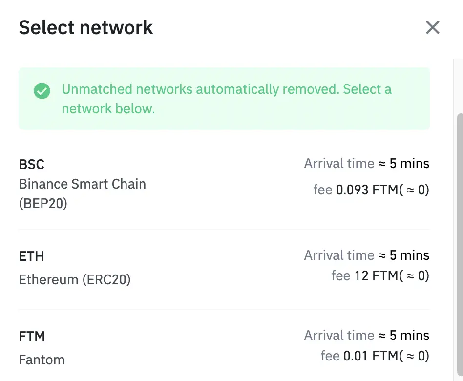 Binance Select FTM Network