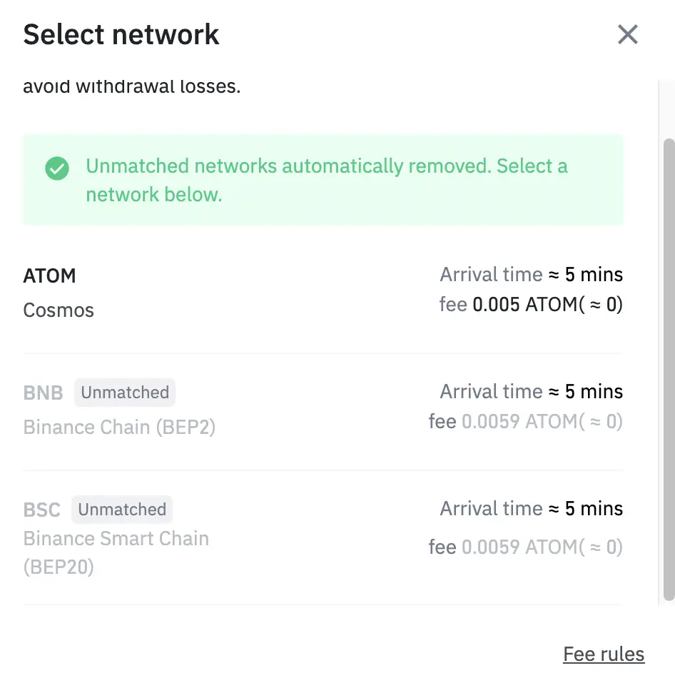 Binance Send ATOM Networks