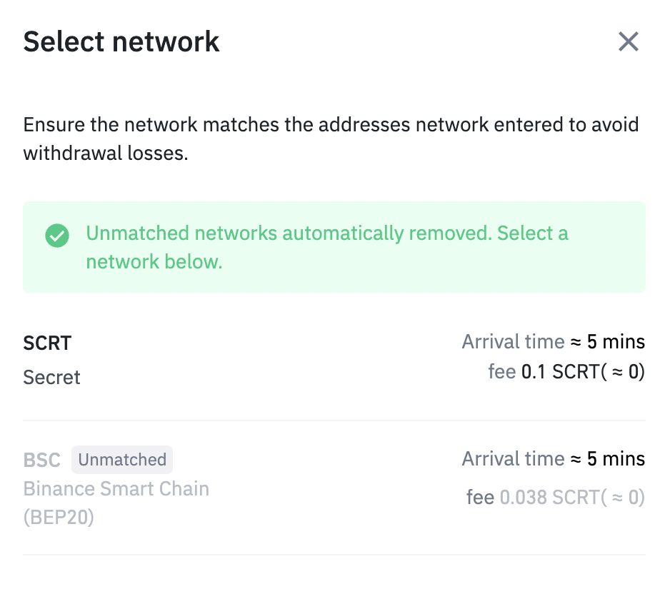 Binance Withdraw SCRT Networks