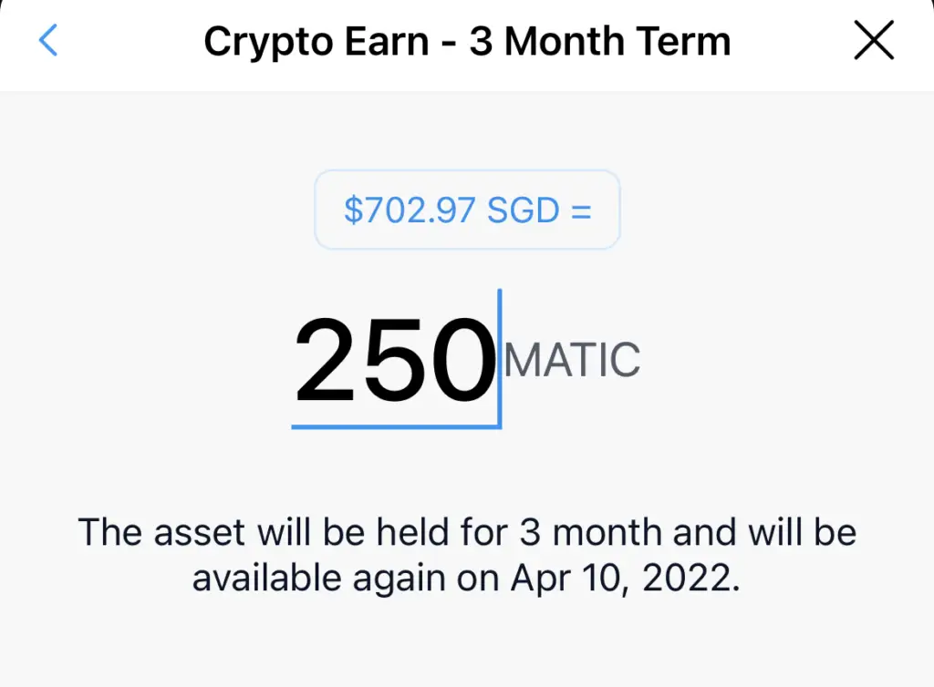 Crypto.com Earn Enter MATIC Amount