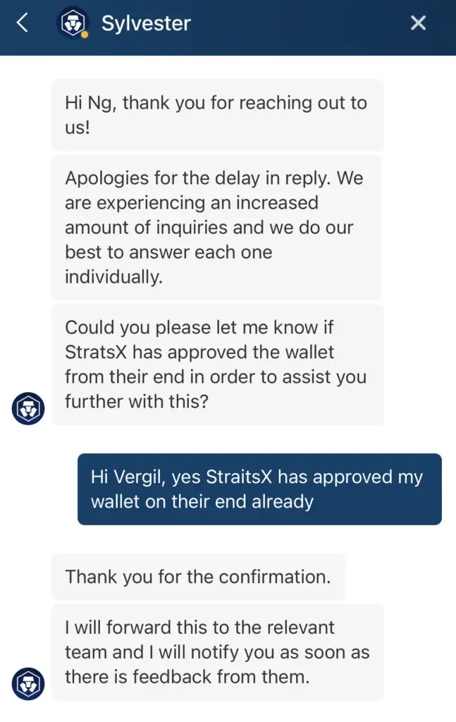 Crypto.com StraitsX Pending Review Support