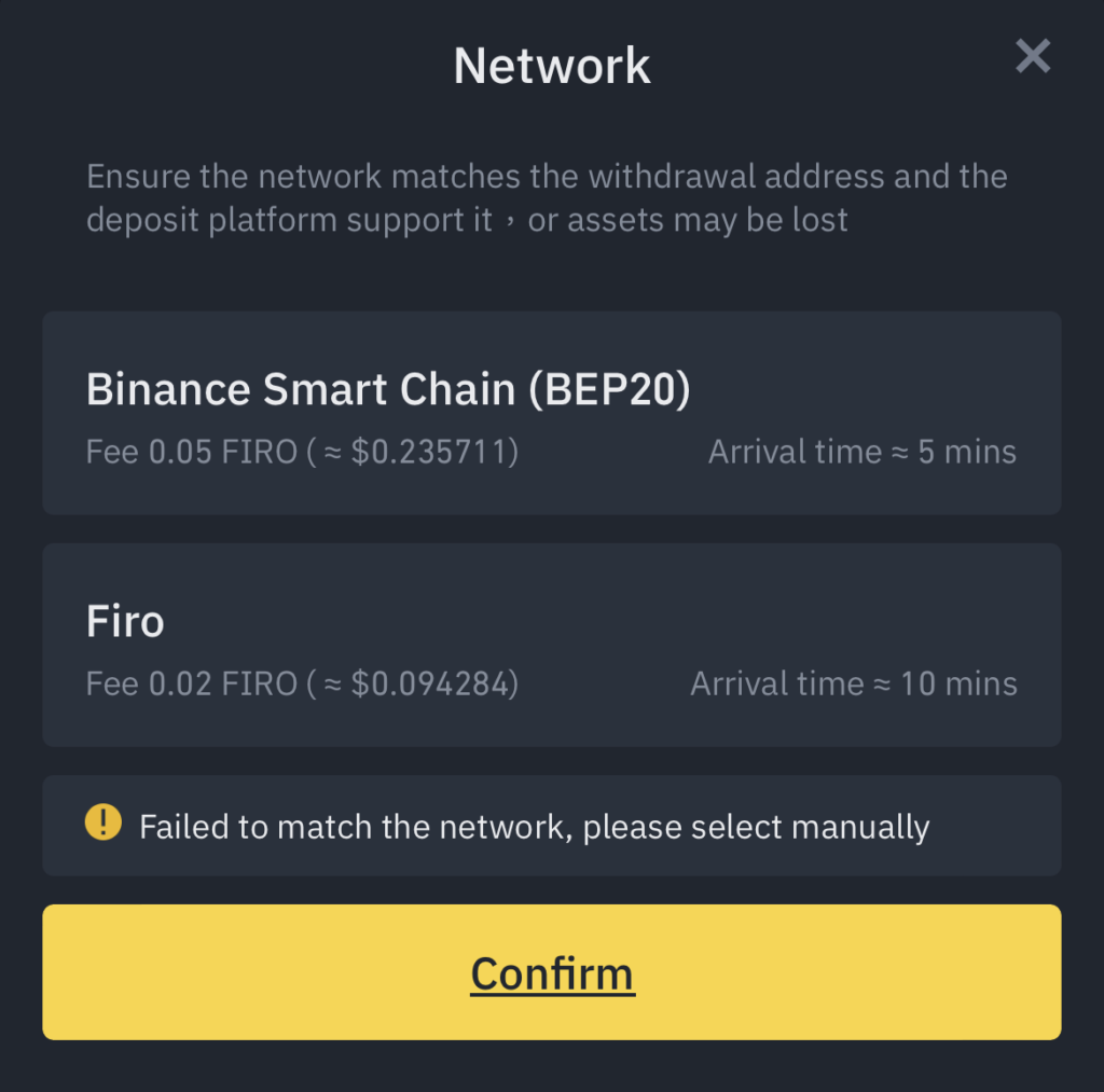 FIRO Binance Networks