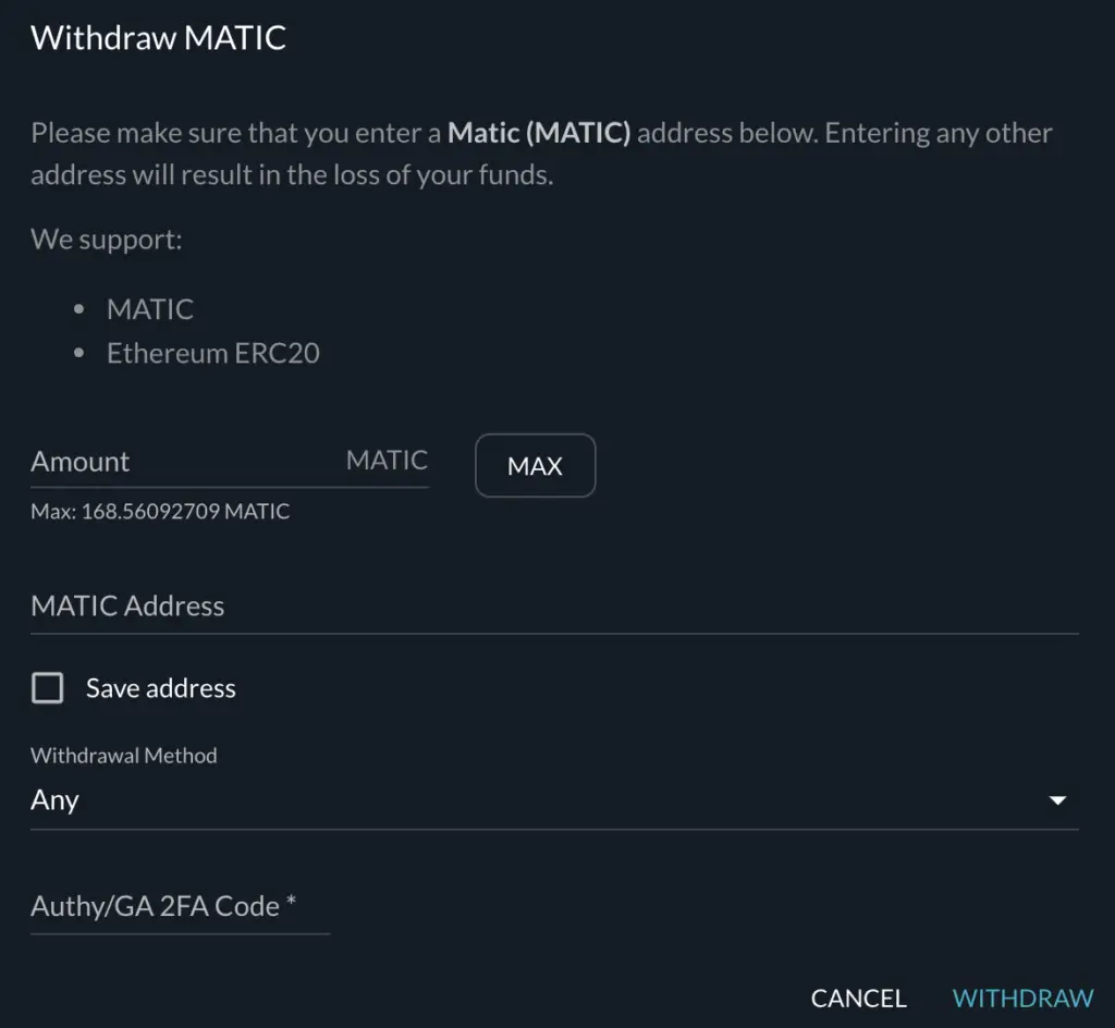 FTX Withdraw MATIC Details