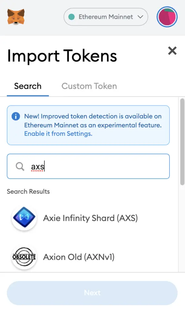 Metamask Search For AXS