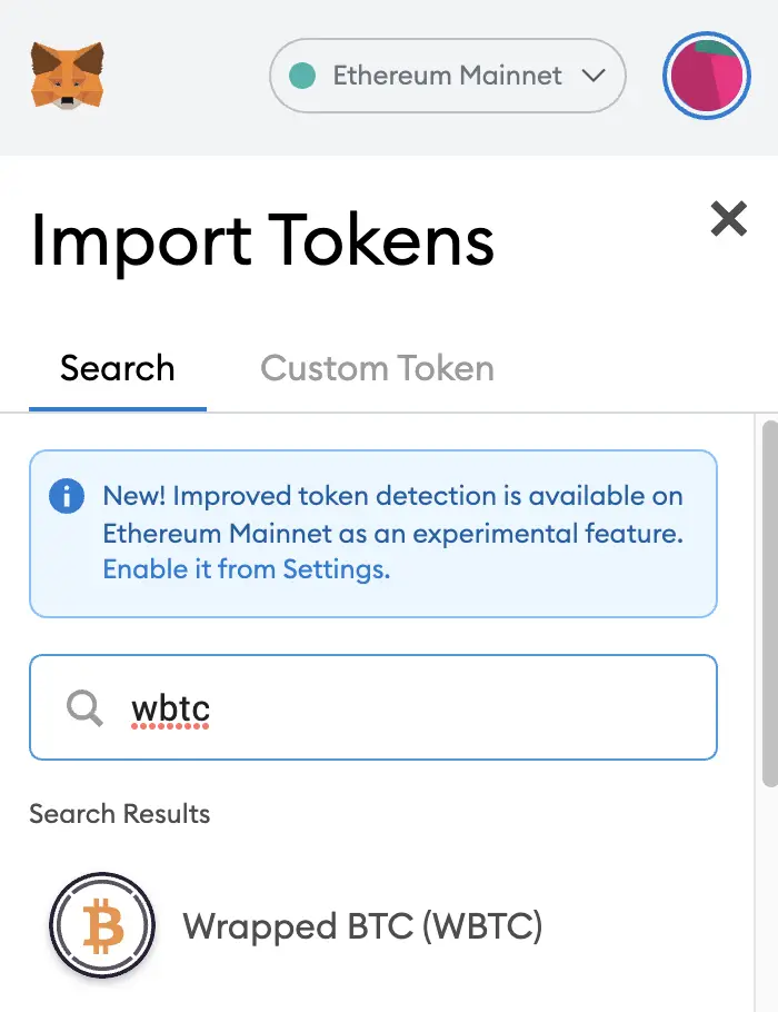 Metamask Search For wBTC