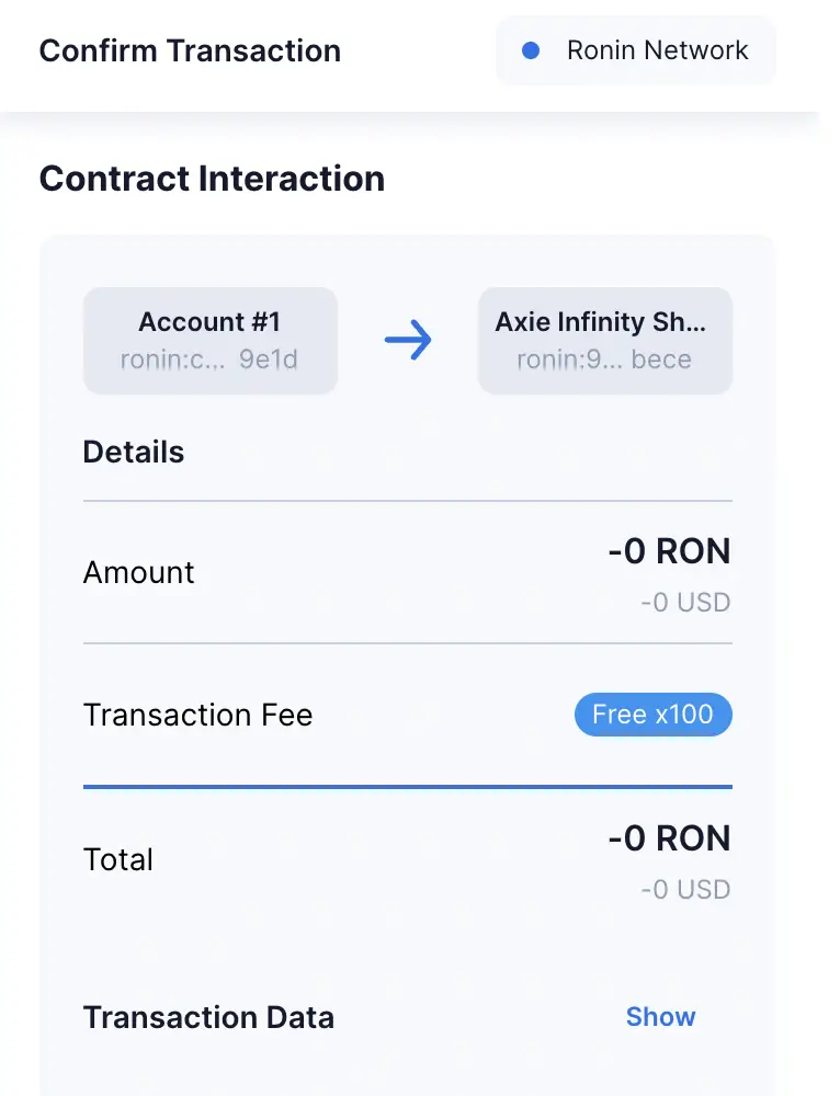 Ronin Wallet Process Free Transactions