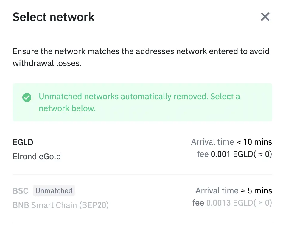 Binance Send EGLD Network Auto Detect