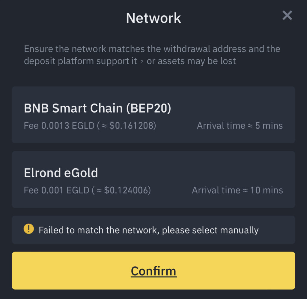 Binance Withdraw EGLD Networks